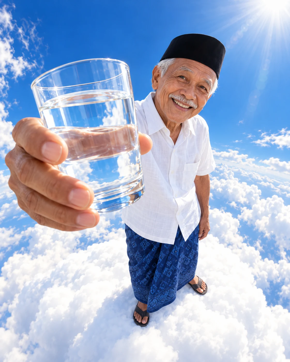 Talent kakek yang sama tersenyum dan menyodorkan gelas air ke kamera dengan perspektif fisheye yang playful