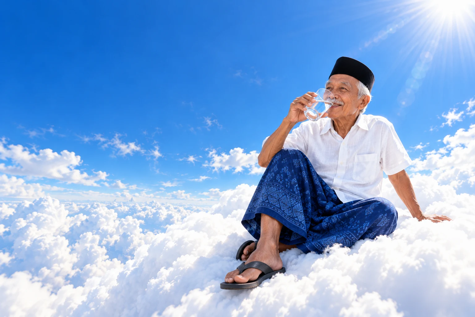 Talent kakek yang sama duduk santai di atas awan sambil minum air, dengan suasana biru-putih yang dreamy